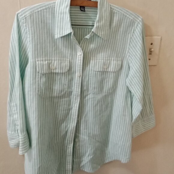Chaps Sz M green white striped Linen Cotton Blend Blouse button up - Picture 1 of 4